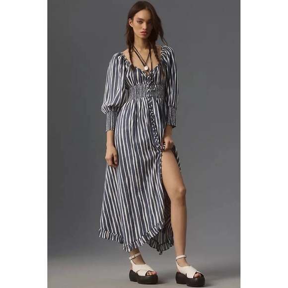 Anthropologie Dresses & Skirts - Anthropologie Women's Blue White Striped Midi Dress Smocked Waist Button Front M